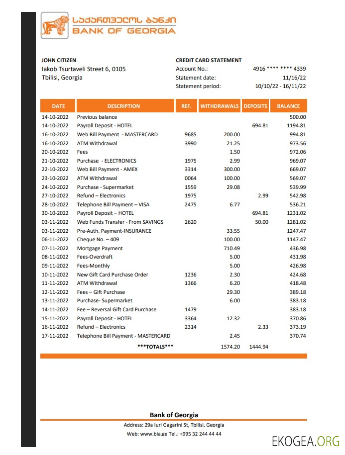Déclaration de la Georgia Bank of Georgia